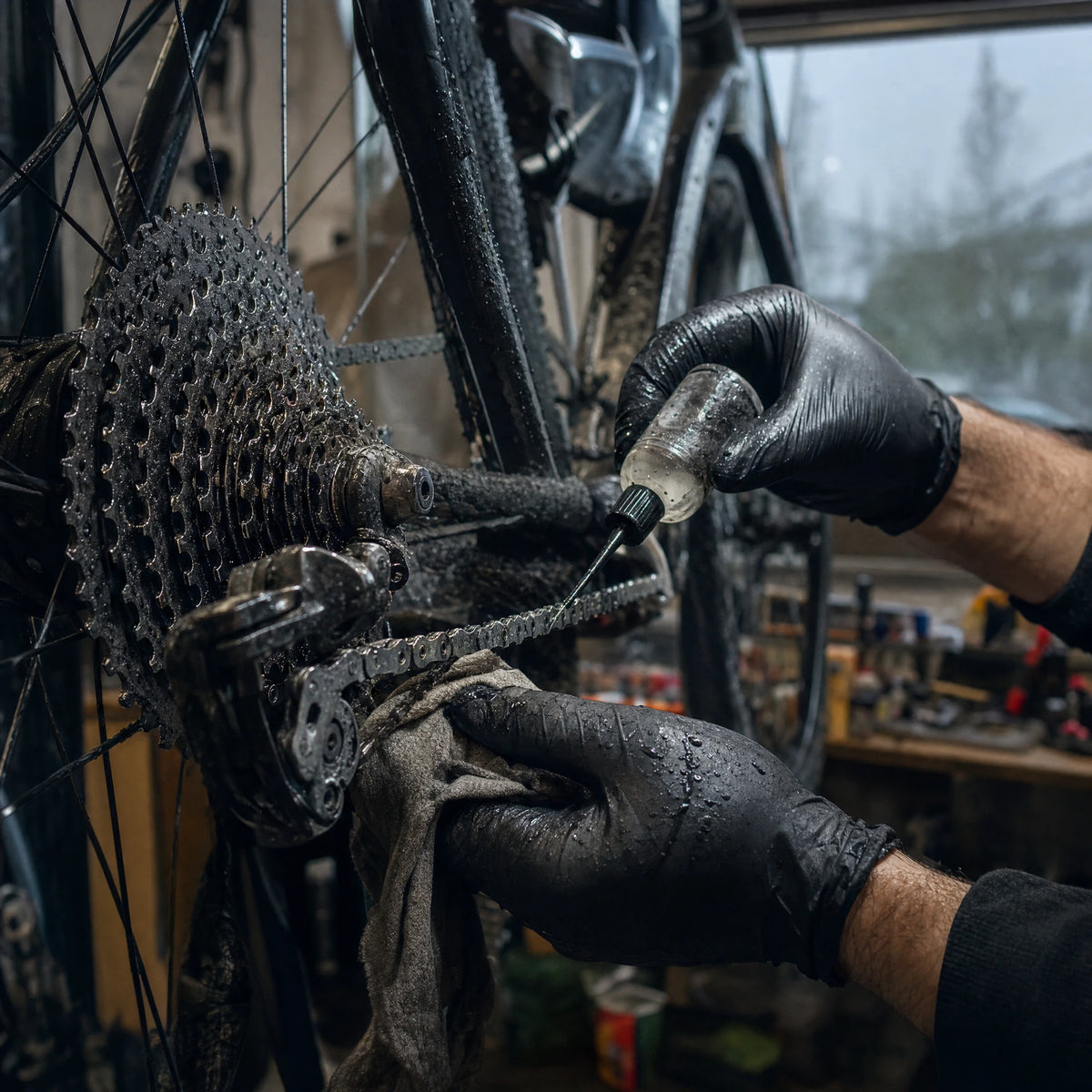 Mecánico lubricando la cadena de una bicicleta en el Taller WeRbikes